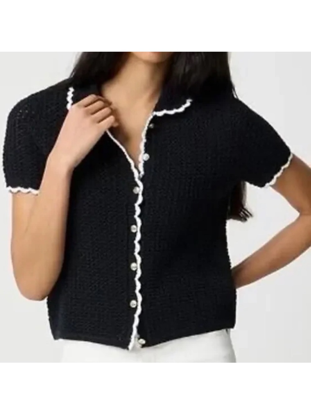 J. Crew black & white crochet short sleeve cardigan and shorts set